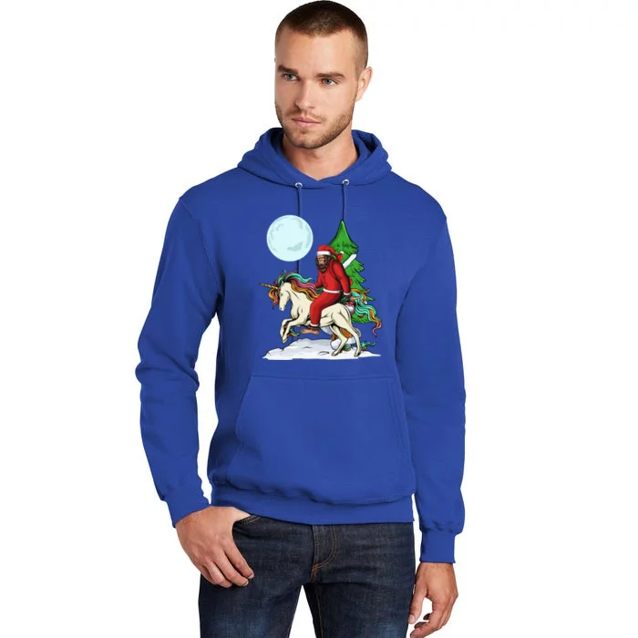 Bigfoot Santa Riding Unicorn Tree Lights Happy Christmas Gift Tall Hoodie