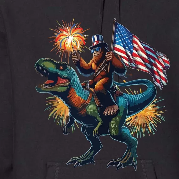 Bigfoot Sasquatch Riding Dinosaur T Rex Funny 4th Of July Premium Hoodie