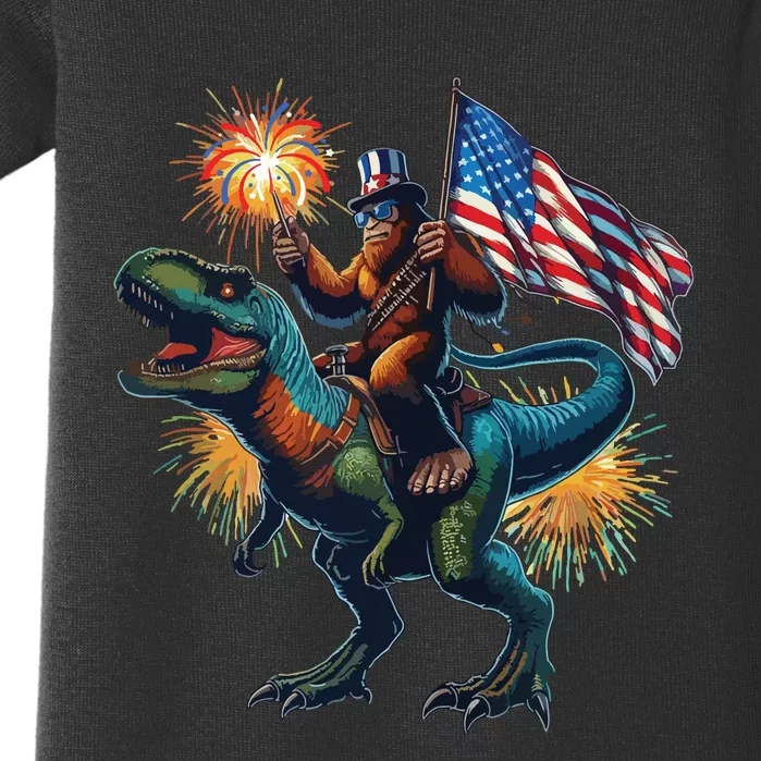 Bigfoot Sasquatch Riding Dinosaur T Rex Funny 4th Of July Baby Bodysuit