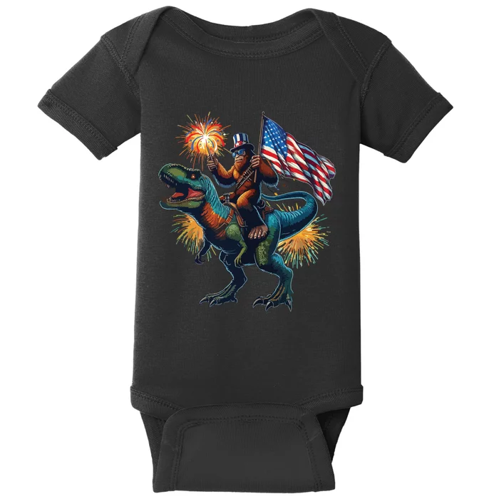 Bigfoot Sasquatch Riding Dinosaur T Rex Funny 4th Of July Baby Bodysuit