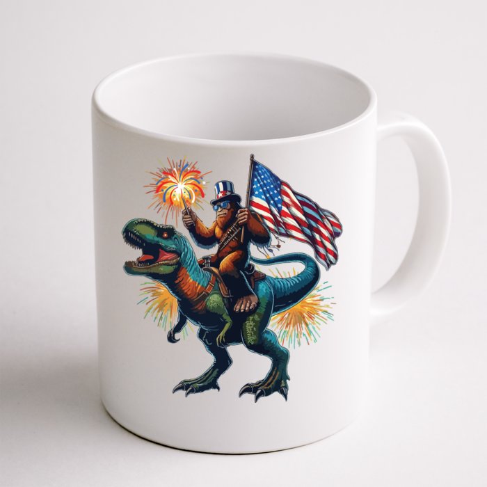 Bigfoot Sasquatch Riding Dinosaur T Rex Funny 4th Of July Front & Back Coffee Mug