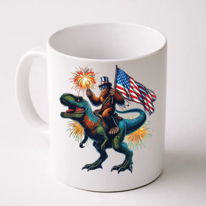 Bigfoot Sasquatch Riding Dinosaur T Rex Funny 4th Of July Front & Back Coffee Mug