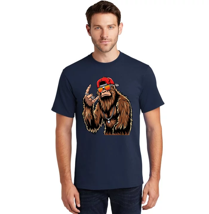 Bigfoot Sasquatch Rock On Hand Rock And Roll Music Lover Tall T-Shirt