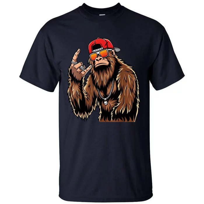 Bigfoot Sasquatch Rock On Hand Rock And Roll Music Lover Tall T-Shirt