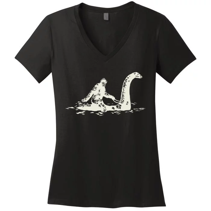 Bigfoot Sasquatch Riding The Loch Ness Monster Women's V-Neck T-Shirt