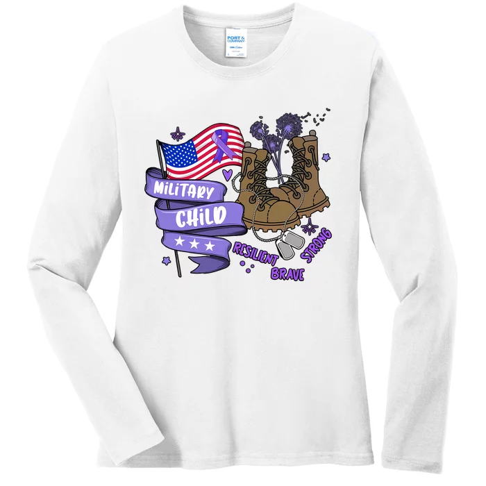 Brave Strong Resilient Military Child US Flag Military Child Month Ladies Long Sleeve Shirt