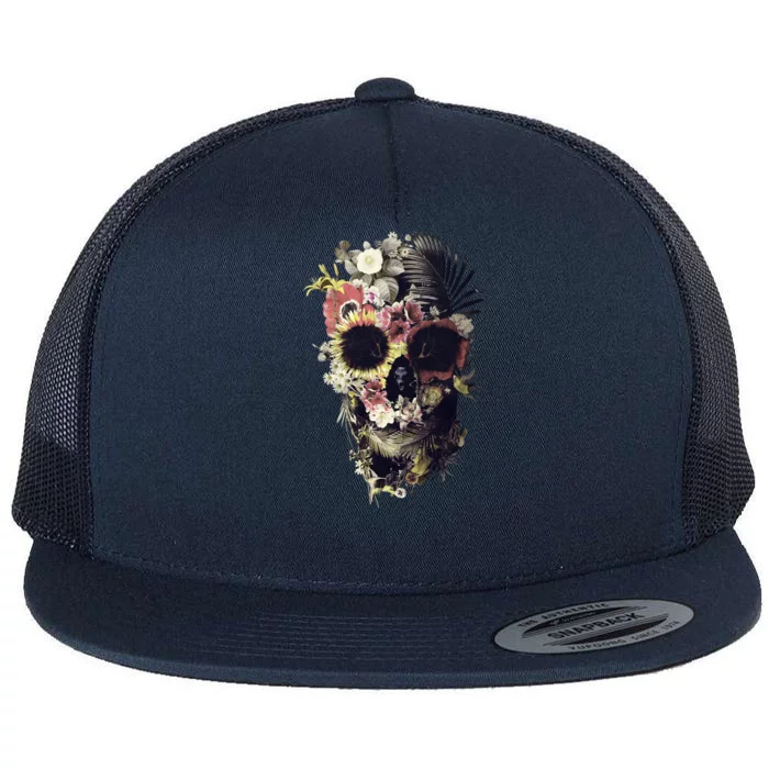 Bloom Skull Sunflower Flat Bill Trucker Hat