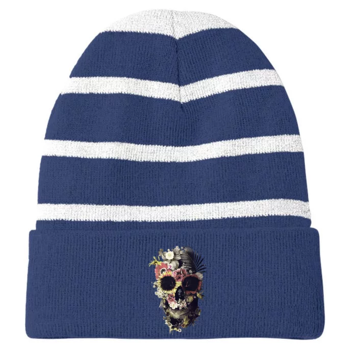 Bloom Skull Sunflower Striped Beanie with Solid Band