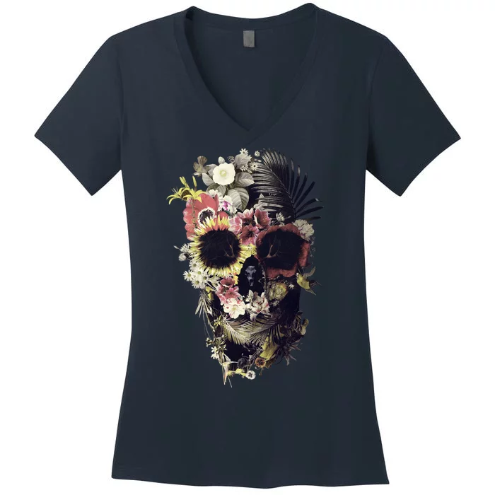 Bloom Skull Sunflower Women's V-Neck T-Shirt