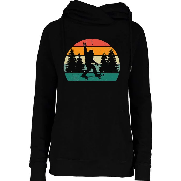 Bigfoot Skateboarding Skater Retro Sunset Funny Sasquatch Womens Funnel Neck Pullover Hood