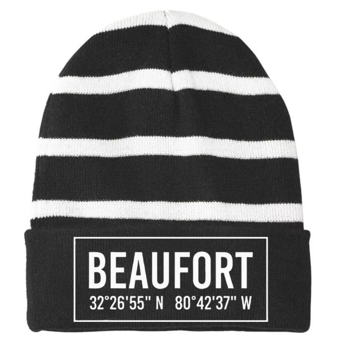 Beaufort Sc South Carolina Funny City Coordinates Home Gift Striped Beanie with Solid Band