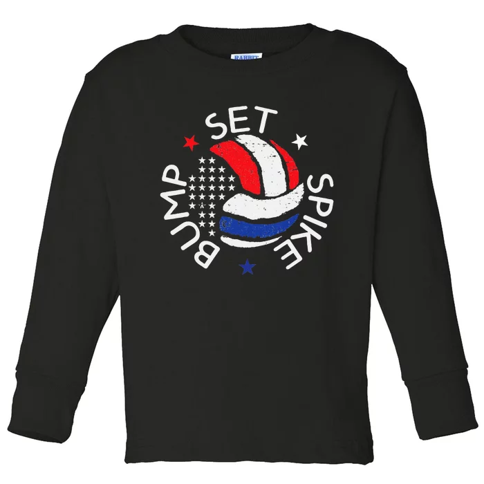 Bump Set Spike America Volleyball Red White Blue Toddler Long Sleeve Shirt