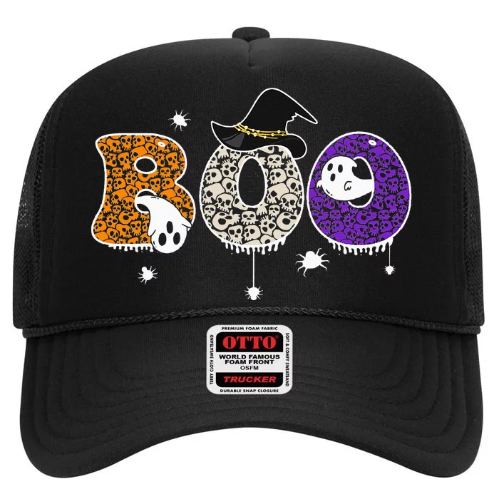 Boo Skull Spider Witch Hat Halloween High Crown Mesh Trucker Hat