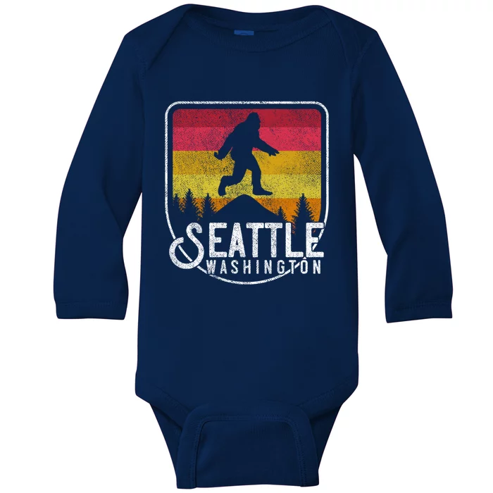 Bigfoot Sasquatch Seattle Washington Retro Hiking Outdoors Funny Gift Baby Long Sleeve Bodysuit