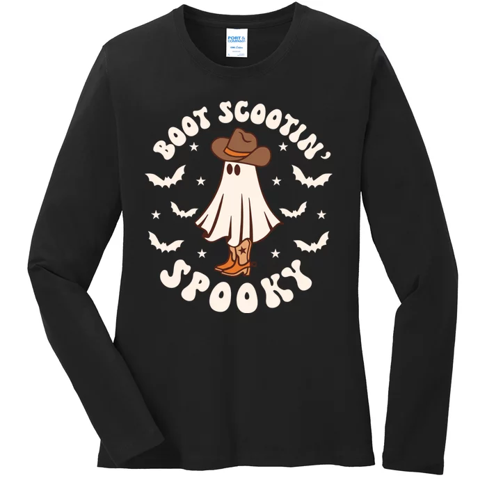 Boot Scoot Spooky Groovy Halloween Western Cowhide Ladies Long Sleeve Shirt