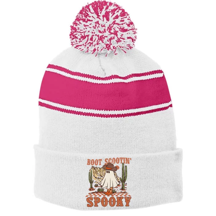 Boot Scootin Spooky Western Halloween Ghost Spooky Season Stripe Pom Pom Beanie