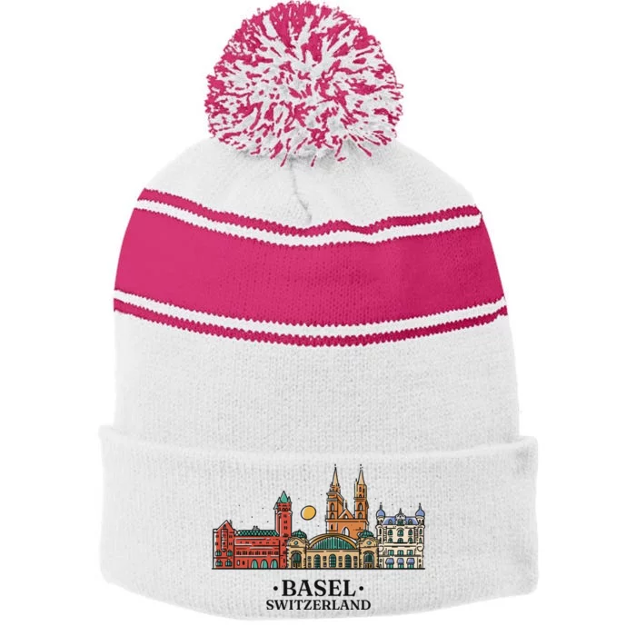 Basel Switzerland Skyline Stripe Pom Pom Beanie