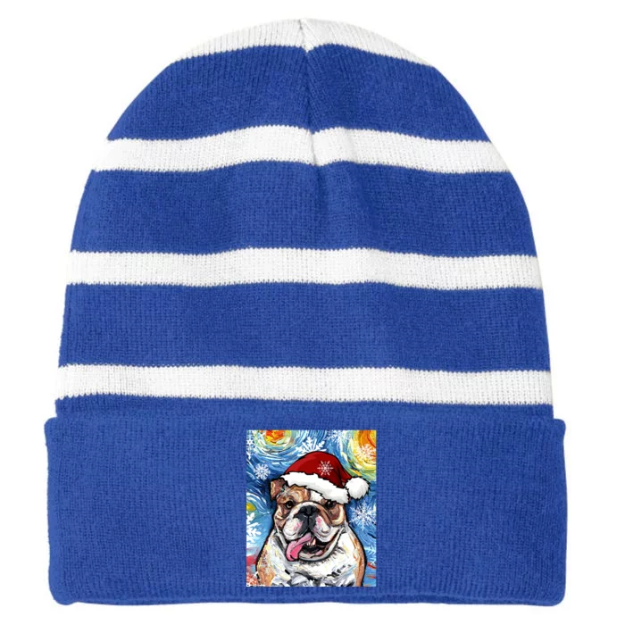 Bulldog Santa Starry Night Dog Christmas Holiday Art By Aja Meaningful Gift Striped Beanie with Solid Band