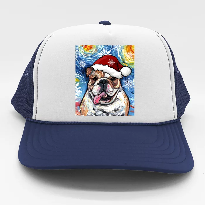 Bulldog Santa Starry Night Dog Christmas Holiday Art By Aja Meaningful Gift Trucker Hat