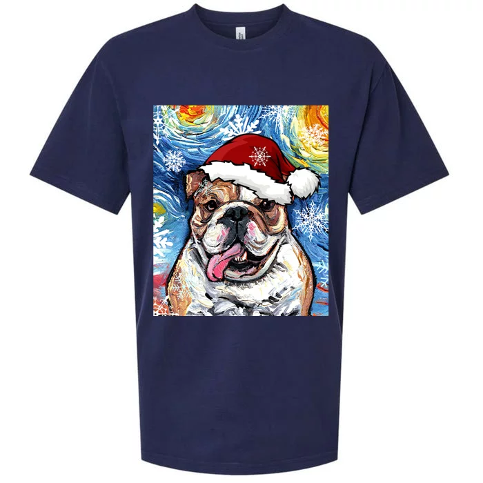 Bulldog Santa Starry Night Dog Christmas Holiday Art By Aja Meaningful Gift Sueded Cloud Jersey T-Shirt