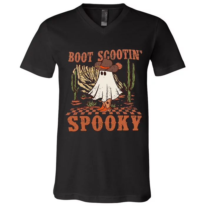 Boot Scootin Spooky Western Halloween Ghost Spooky Season V-Neck T-Shirt