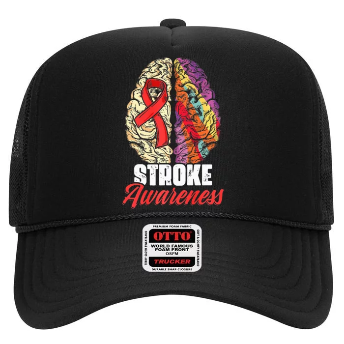 Brain Stroke Survivor Red Ribbon Stroke Awareness High Crown Mesh Trucker Hat