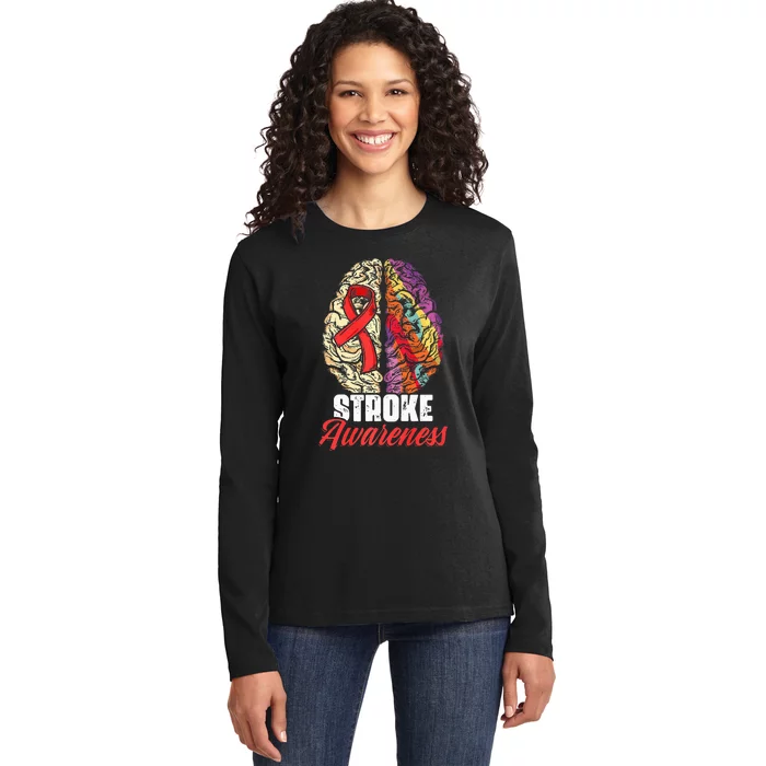 Brain Stroke Survivor Red Ribbon Stroke Awareness Ladies Long Sleeve Shirt