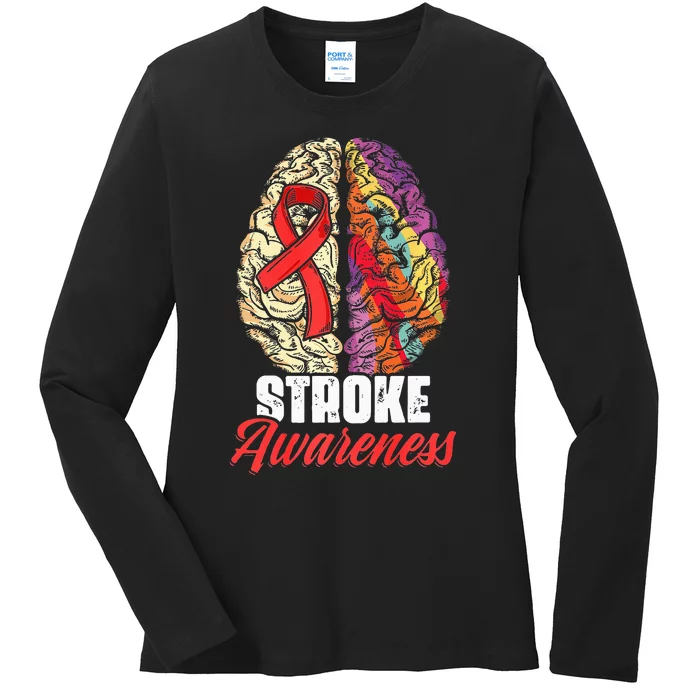 Brain Stroke Survivor Red Ribbon Stroke Awareness Ladies Long Sleeve Shirt