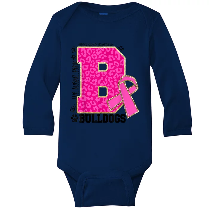 Bulldogs School Spirit Game Day We Wear Pink Breast Cancer Baby Long Sleeve Bodysuit