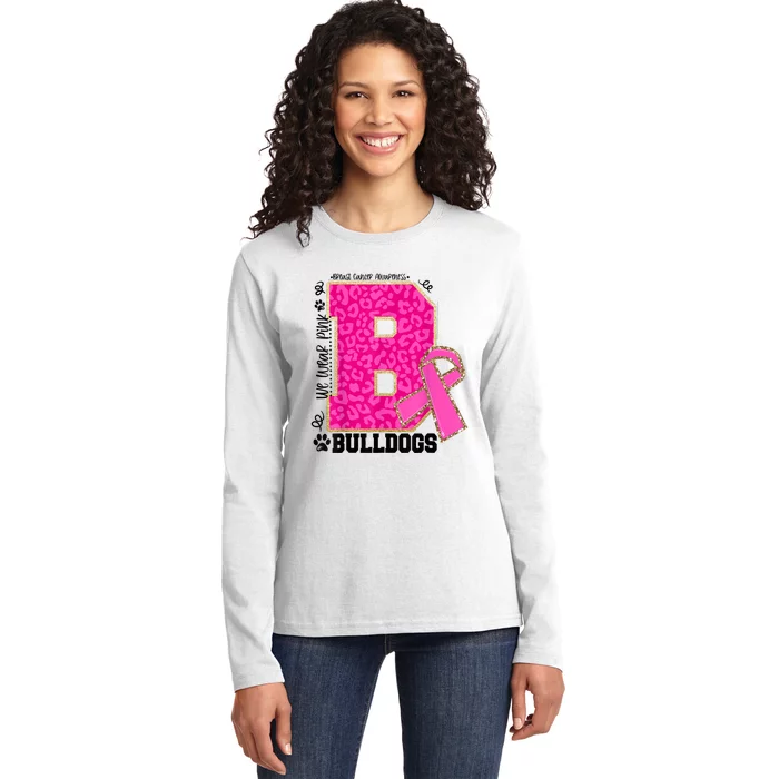 Bulldogs School Spirit Game Day We Wear Pink Breast Cancer Ladies Long Sleeve Shirt