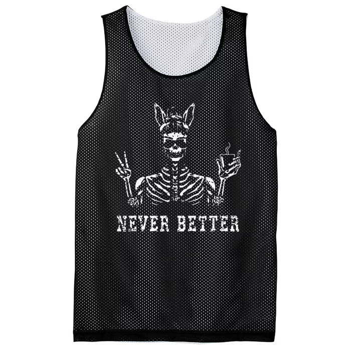 Bunny Skeleton Skull Sunglasses Drinking Coffee Never Better Mesh Reversible Basketball Jersey Tank