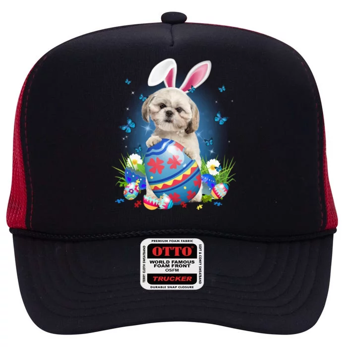 Bunny Shih Tzu With Egg Basket Easter Flower Hunting Egg Gift High Crown Mesh Trucker Hat