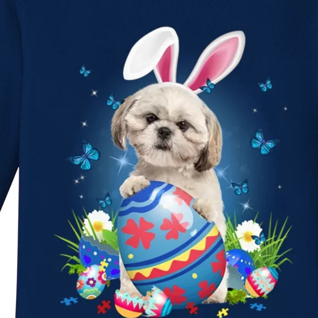 Bunny Shih Tzu With Egg Basket Easter Flower Hunting Egg Gift Baby Long Sleeve Bodysuit