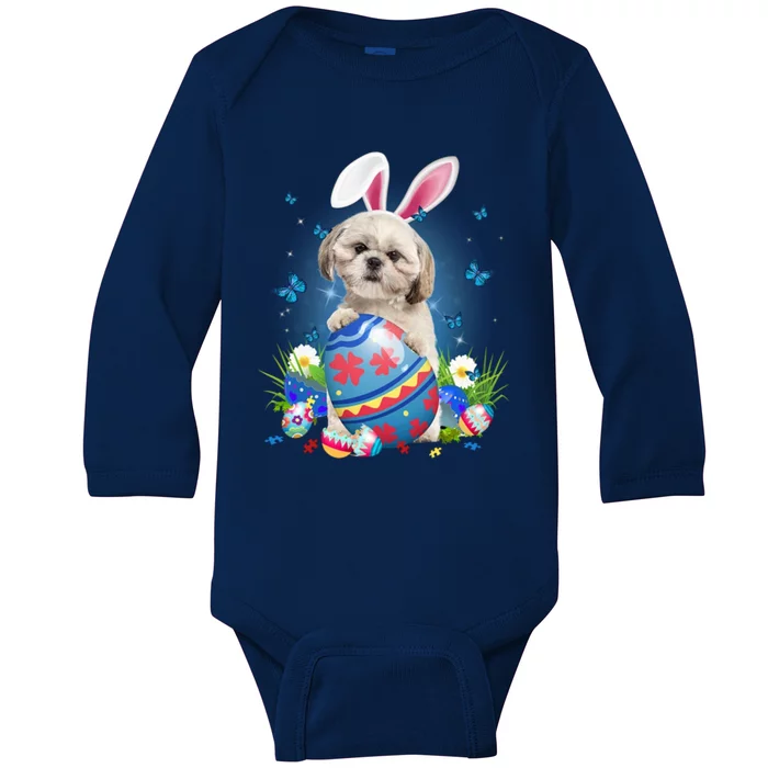 Bunny Shih Tzu With Egg Basket Easter Flower Hunting Egg Gift Baby Long Sleeve Bodysuit