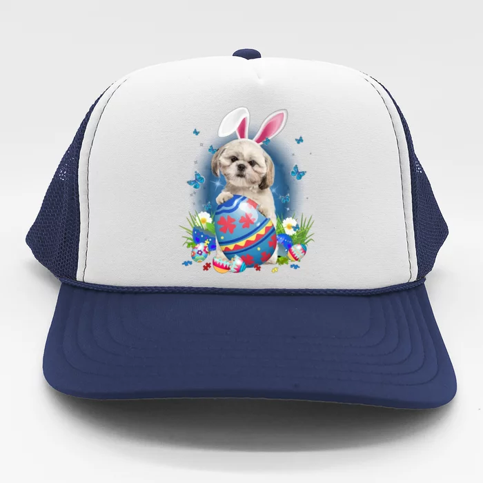 Bunny Shih Tzu With Egg Basket Easter Flower Hunting Egg Gift Trucker Hat