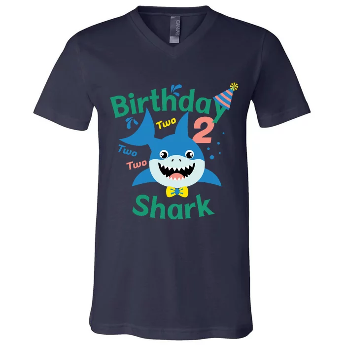 Birthday Shark Two Two Two 2nd Birthday Party V-Neck T-Shirt