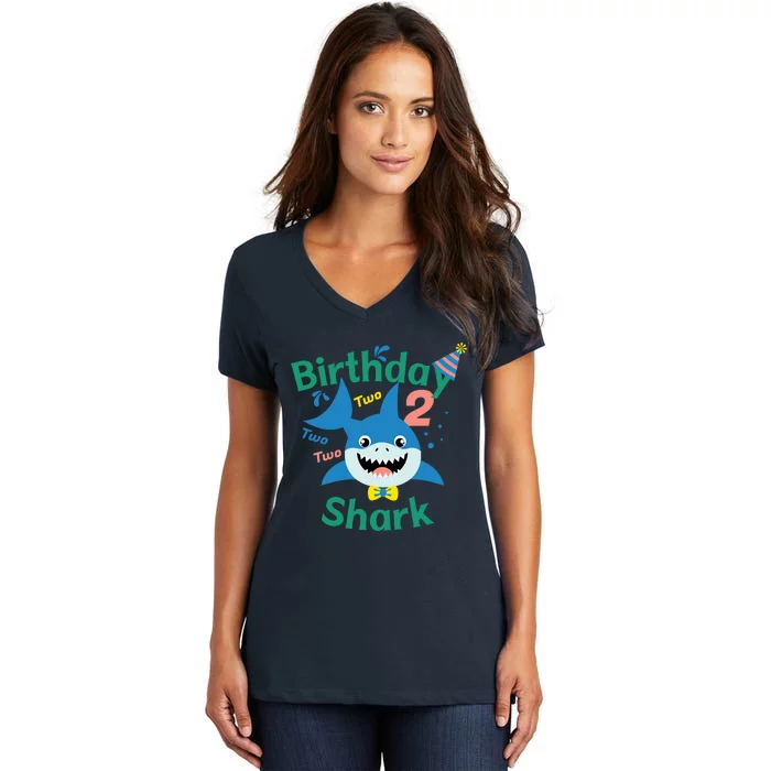 Birthday Shark Two Two Two 2nd Birthday Party Women's V-Neck T-Shirt