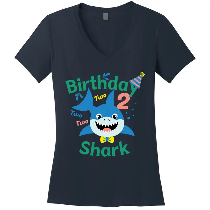 Birthday Shark Two Two Two 2nd Birthday Party Women's V-Neck T-Shirt