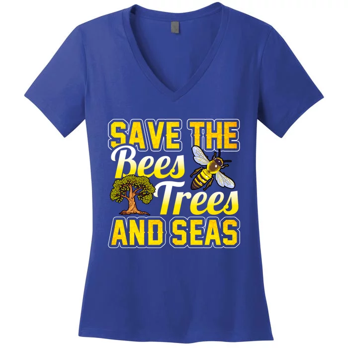 Beekeeping Save The Bees Trees And Seas Earth Hippie Beekeeper Funny Gift Women's V-Neck T-Shirt