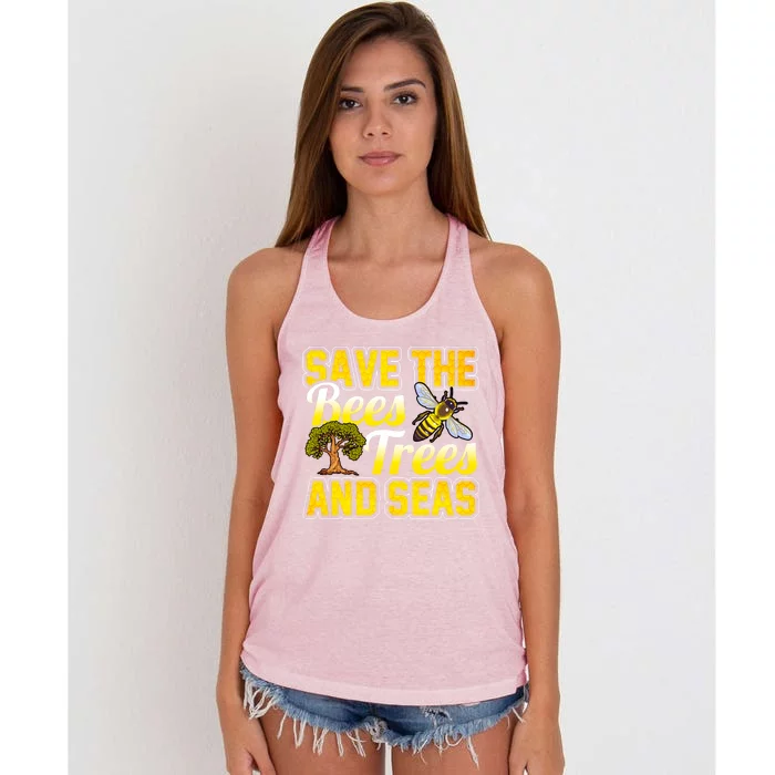 Beekeeping Save The Bees Trees And Seas Earth Hippie Beekeeper Funny Gift Women's Knotted Racerback Tank