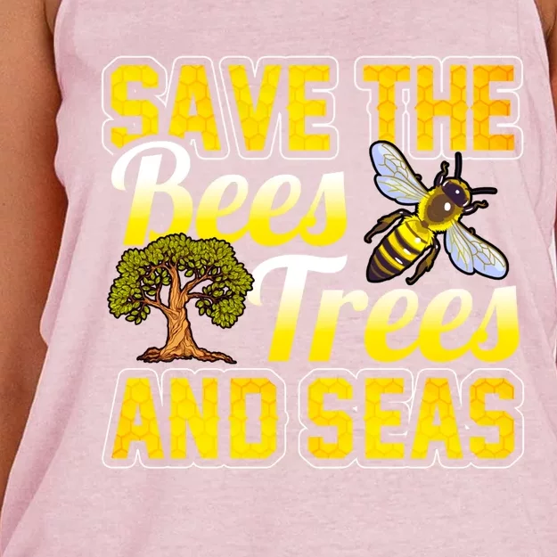 Beekeeping Save The Bees Trees And Seas Earth Hippie Beekeeper Funny Gift Women's Knotted Racerback Tank