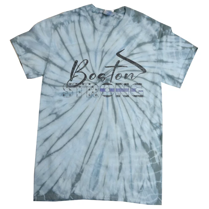 Boston Strong Thin Blue Line US Flag Tie-Dye T-Shirt