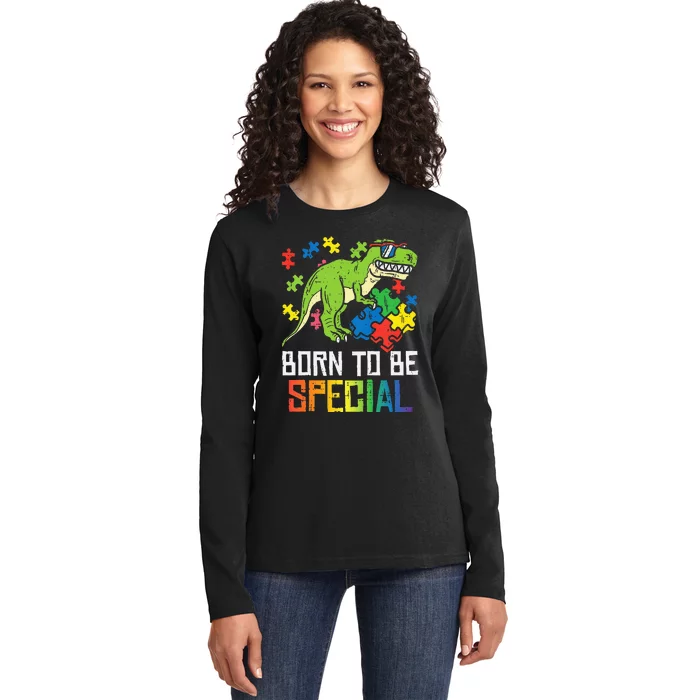 Born Special Trex Puzzle Dino  Autism Awareness Ladies Long Sleeve Shirt