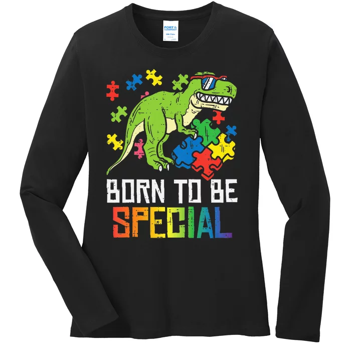 Born Special Trex Puzzle Dino  Autism Awareness Ladies Long Sleeve Shirt