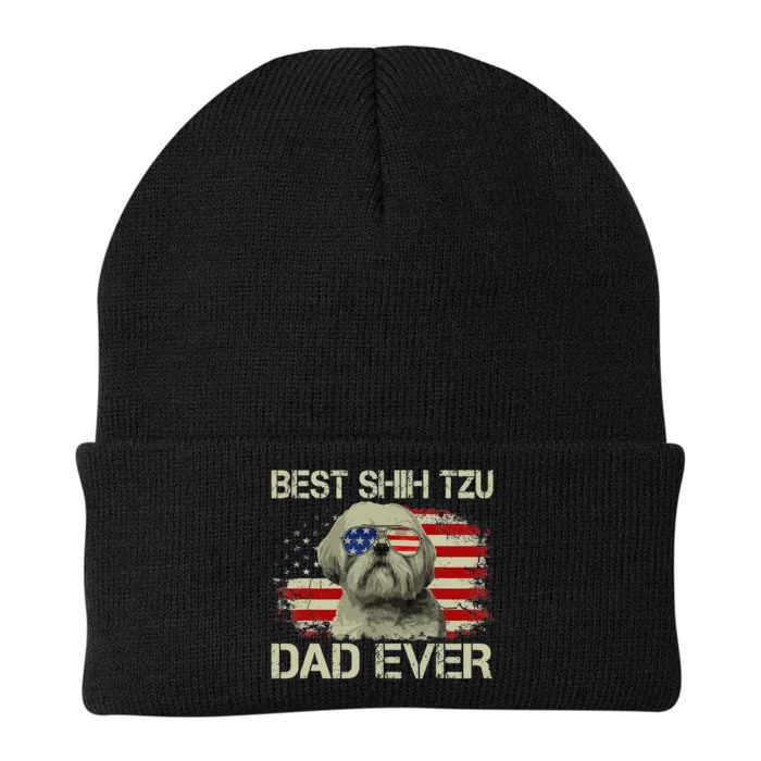 Best Shih Tzu Dad Ever Dog Lover American Flag Gift Knit Cap Winter Beanie