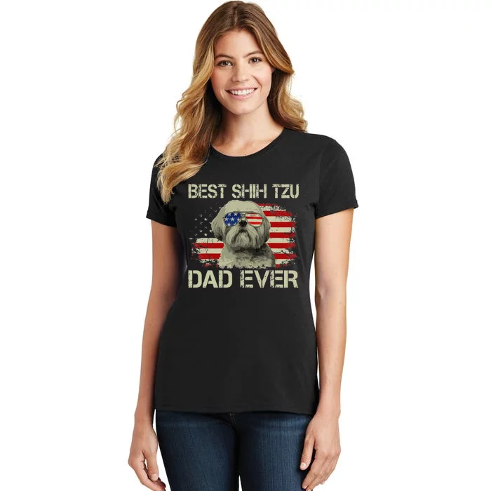 Best Shih Tzu Dad Ever Dog Lover American Flag Gift Women's T-Shirt