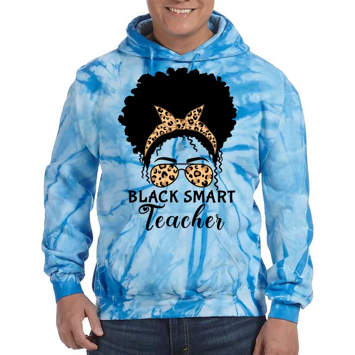 Black Smart Teacher Afro Messy Bun Leopard Glasses Cool Gift Tie Dye Hoodie