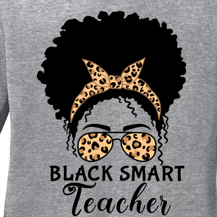 Black Smart Teacher Afro Messy Bun Leopard Glasses Cool Gift Ladies Long Sleeve Shirt