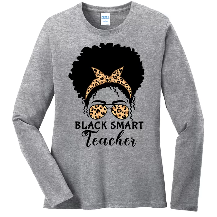 Black Smart Teacher Afro Messy Bun Leopard Glasses Cool Gift Ladies Long Sleeve Shirt