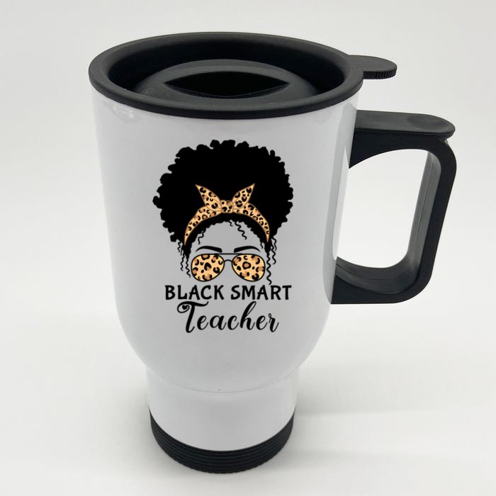 Black Smart Teacher Afro Messy Bun Leopard Glasses Cool Gift Front & Back Stainless Steel Travel Mug